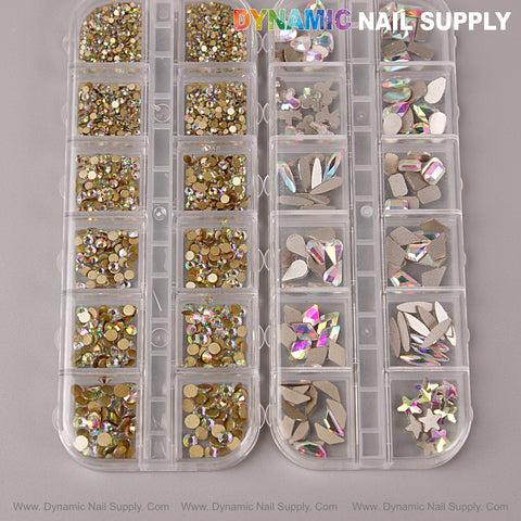 [AB] Multi Shape Size Nail Crystal Gem Rhinestone Set with kit, mixed shapes, flat back, in a plastic organizer.