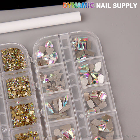 The [AB] Multi Shape Size Nail Crystal Gem Rhinestone Set features rose gold gems for nail art, by DYNAMIC NAIL SUPPLY.