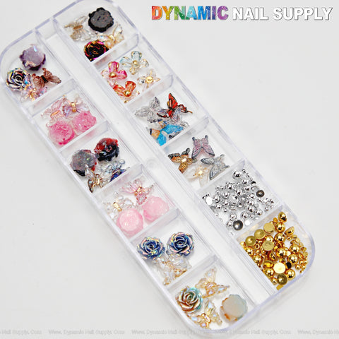 Mutli Color Matching Resin Rose and Butterfly Nail Charm Set Box with Gold and Silver Flatback Beads