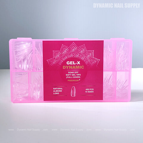 Pink box of Natural Almond (Long) Full Cover Soft-Gel Nail Tips includes 450 tips in 15 sizes.