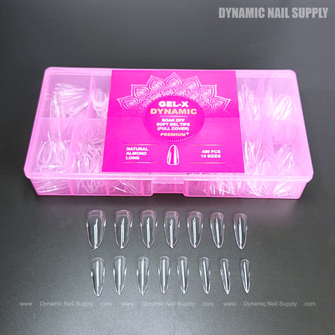 A pink box labeled “Natural Almond (Long)” holds full cover soft-gel nail tips, with 18 displayed in front.