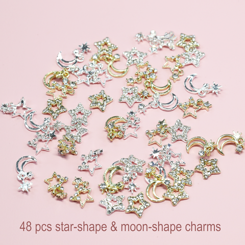 48 pcs Silver Gold Star and Moon shapes charms for Christmas Nails Design (star dangles, moon dangles)