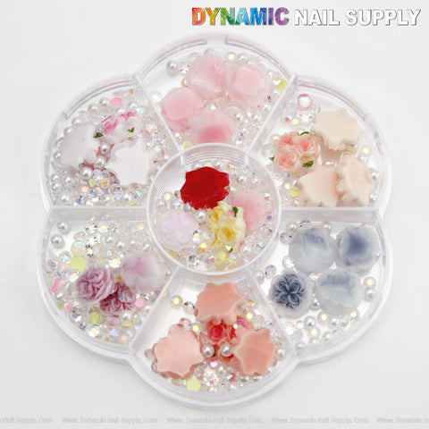 Multi Color Resin Rose and AB Rhinestone Pearl Bead Nail Charm Set - Nail Art DIY Decoration