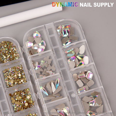 [AB] Multi Shape Nail Crystal Gem Set—flat back, round & mixed shapes rhinestones in clear case with kit.