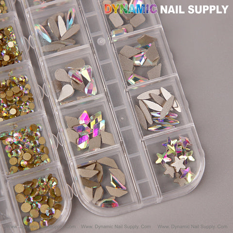 A clear box of [AB] Multi Shape Size Nail Crystal Gem Rhinestones with kit, flat back, round & mixed shapes.