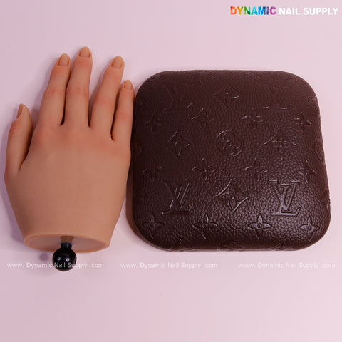 (Dark Brown LV Engraved - grain) Elbow Rest Pad for Nail Tech : PU Leather, Built for Long Hours Usage
