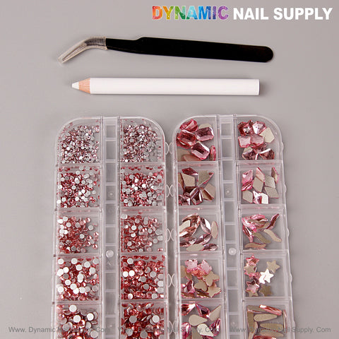 A pink multi-shape nail rhinestone set with flat back gems, kit, and case from DYNAMIC NAIL SUPPLY.