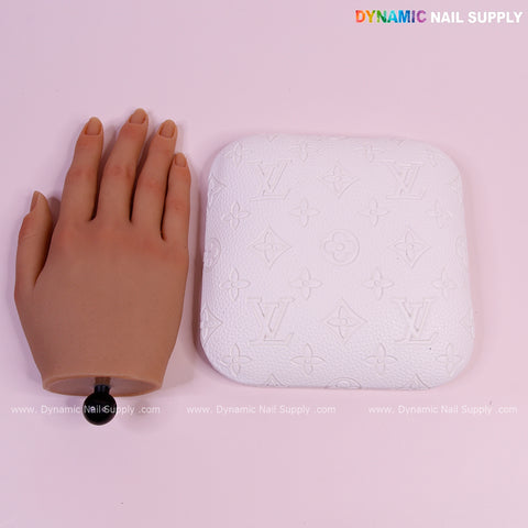 White LV Engrave-Grain Elbow Rest Pad for Nail Tech: PU leather, ergonomic, pink with embossed pattern, DYNAMIC NAIL SUPPLY.