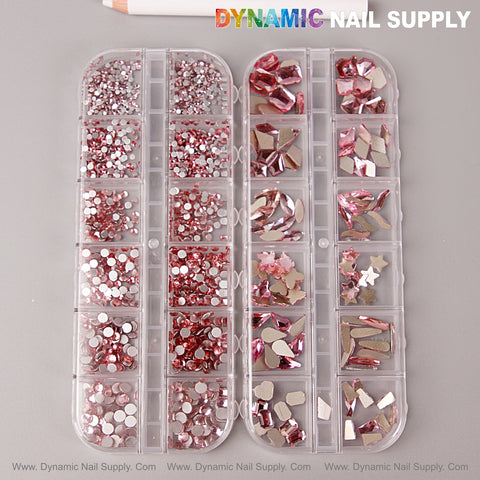 Two clear trays hold [Pink] Multi Shape Size Nail Crystal Gem Rhinestone Set—mixed round & different shapes, flat back.