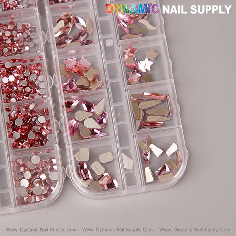 The [Pink] Multi Shape Size Nail Crystal Gem Rhinestone Set includes mixed round and other flat back shapes in a kit.