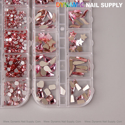 [Pink] Multi Shape Size Nail Crystal Gem Rhinestone Set—flat back, mixed shapes in clear organizer on grey background.