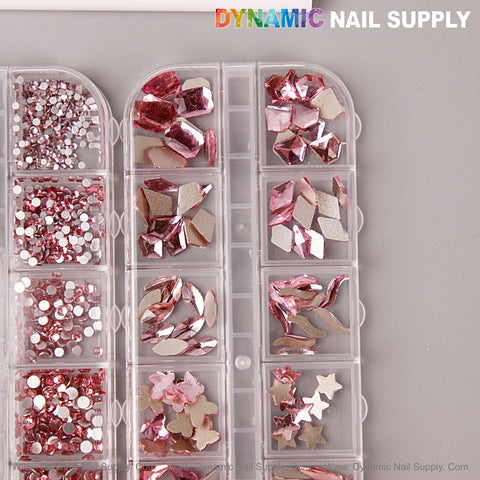 The [Pink] Multi Shape Size Nail Crystal Gem Rhinestone Set holds mixed round & shaped flat back gems for creative nail art.