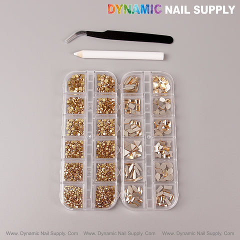 [Champagne Gold] Multi Shape Size Nail Crystal Gem Rhinestone Set with kit, pencil, and tweezers on a gray surface.