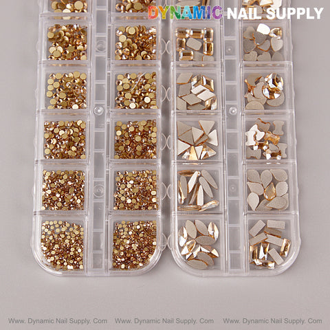 [Champagne Gold] Multi Shape Nail Crystal Set: flat back gems in rounds and assorted shapes, includes organizer kit.