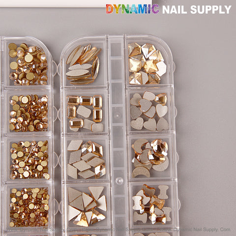 Champagne Gold Multi Shape Nail Crystal Gem Rhinestone Set—flat back, mixed sizes, kit included, from Dynamic Nail Supply.