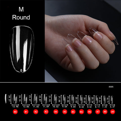 Hand with long, clear Round Medium Full Cover Soft-Gel Nail Tips; size chart and sample nail shown.