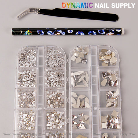 [Silver] Multi Shape Size Nail Crystal Gem Rhinestone Set with kit, flat back gems and tools on a light surface.