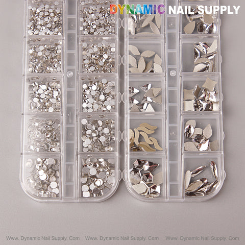 [Silver] Multi Shape Size Nail Crystal Gem Rhinestone Set, flat back, assorted shapes/sizes in organizer kit.
