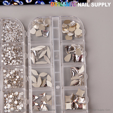 [Silver] Multi Shape Size Nail Crystal Gem Rhinestone Set with Kit, flat back, mixed shapes, in clear organizer.