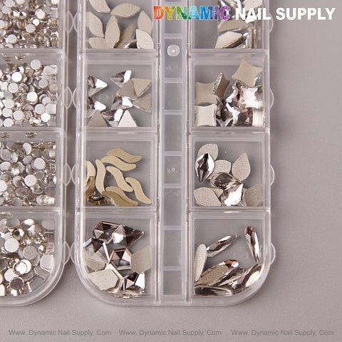 [Silver] Multi Shape Size Nail Crystal Gem Rhinestone Set - mixed shapes, flat back, in organizer by Dynamic Nail Supply.