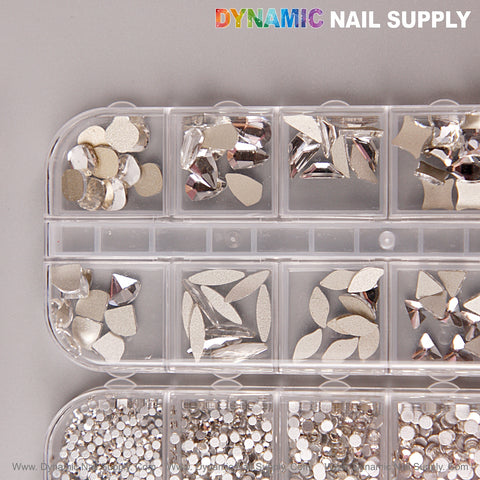 Silver Multi Shape Size Nail Crystal Gem Rhinestone Set—flat back, kit included, mixed rounds & shapes.