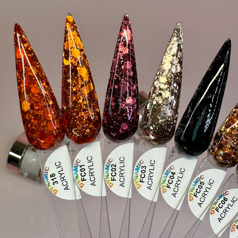 The "Flavors Of Fall" 2024 Acrylic Powder Collection (Part 4), presented by Dynamic Nail Supply, showcases a selection of seven elongated nail polish samples in vibrant colors and glitter designs. Each sample features a non-toxic formula and is beautifully displayed on clear sticks, with shades spanning from dark red to orange, pink, silver, and black. Each is marked with an FC label followed by unique numbers.