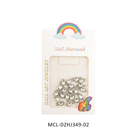 A set of 20 uniquely shaped silver teardrop nail art charms, ideal for nail designers, is beautifully presented in a white box adorned with a rainbow and cloud design. The "Nail Diamond" text captures attention with its distinctive charm theme. A multicolored hand icon decorates the corner, while Dynamic Nail Supply's code MCL-DZHJ349-02 is printed below.