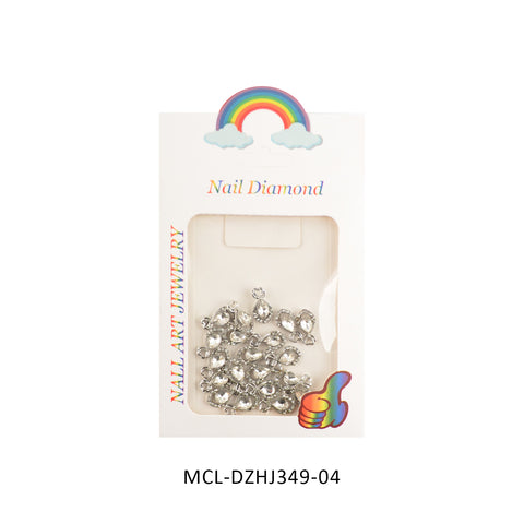 The image showcases a package containing "20 pcs / 1 bag of Unique shape Charms for Nails Art Design" from Dynamic Nail Supply. The packaging, adorned with a rainbow and cloud design and labeled as Nail Diamond, reveals silver teardrop-shaped rhinestones perfect for creative nail designers or anyone seeking unique charms. The product code is MCL-DZHJ349-04.