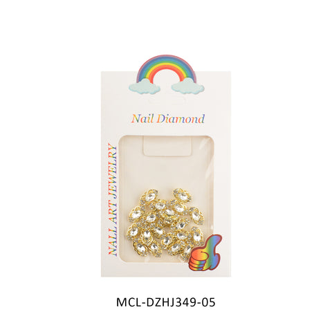 A package featuring unique shape charms for nail art design is showcased. The packaging, inspired by Dynamic Nail Supply, highlights a rainbow with clouds and the words "Nail Diamond." Through the clear window, it reads "Nail Art Jewelry," inviting nail artists to explore creative possibilities. The product code MCL-DZHJ349-05 is noted at the bottom.