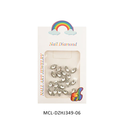 A bag of Dynamic Nail Supply's unique shape charms for nail art design contains 20 marquise-shaped rhinestones that are small, shiny, and perfect for nail designers seeking distinct accents. The packaging features a cutout window, adorned with a rainbow and clouds alongside a colorful thumbs-up icon. The item code, MCL-DZHJ349-06, is displayed at the bottom.