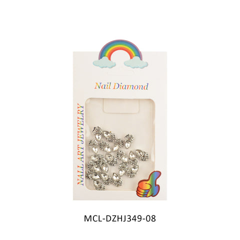 The image displays a package of 20 unique shape charms for nail art design from Dynamic Nail Supply. It includes metallic, teardrop-shaped pieces presented in a clear display. The packaging is adorned with a rainbow above clouds and a colorful thumbs-up icon, and the product code MCL-DZHJ349-08 is printed below.