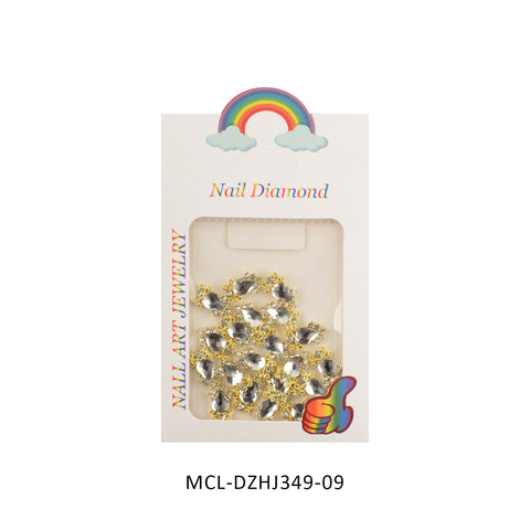 This package contains 20 pieces of uniquely shaped nail art charms, each featuring gold-trimmed, teardrop-shaped clear gems. Ideal for nail designers seeking distinctive embellishments, the set comes in a box adorned with a rainbow and cloud design and branded with "Nail Diamond" along with "Dynamic Nail Supply Jewelry." A thumbs-up icon is displayed in the corner, and the product code MCL-DZHJ349-09 is noted below.