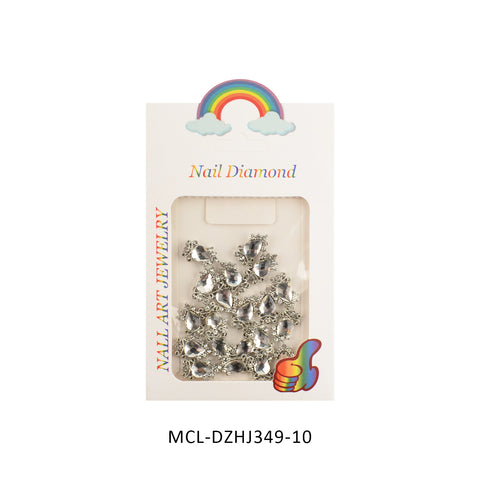 This package of unique shape charms for nail art design by Dynamic Nail Supply includes butterfly-shaped gems and other distinctive charms. The box features a rainbow and clouds illustration, with the words "Nail Diamond" and "Nail Art Jewelry" displayed alongside a colorful thumbs-up icon. Product code: MCL-DZHJ349-10.