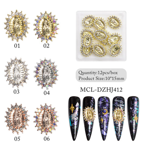 The image showcases the small Virgin Mary charms, ideal for religious nail designs, offered by Dynamic Nail Supply. Each of the twelve pieces per bag features colorful rhinestones and a European-Oval shape. Displayed on four nails with a black background and metallic accents, these charms measure 10x15 mm. Model number: MCL-DZHJ412.