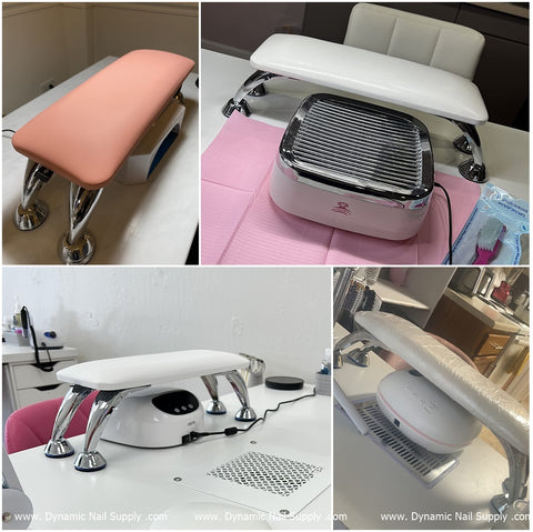 Collage of four images showcasing different nail salon armrests. The top-left displays a pink pad with chrome legs, the top-right features a white pad on a similar stand, the bottom-left highlights the "Super White GC" Leather Armrest with Cushion Pillow for Pedicure Manicure by Dynamic Nail Supply displayed over a nail dryer, and the bottom-right shows a compact setup with UV nail light positioned underneath.