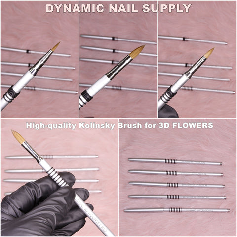 A collage features nail art tools, including the Dynamic® High-quality 3D Brush (Kolinsky hair) in sizes 2, 4, 5, 6, 8, and 10 alongside five silver brushes with pointed tips on a pink fur backdrop. At the center is an image of a brush held by a gloved hand. Text displays "Dynamic Nail Supply" and "high-quality 3D Brush for creating stunning 3D FLOWERS" in white letters.