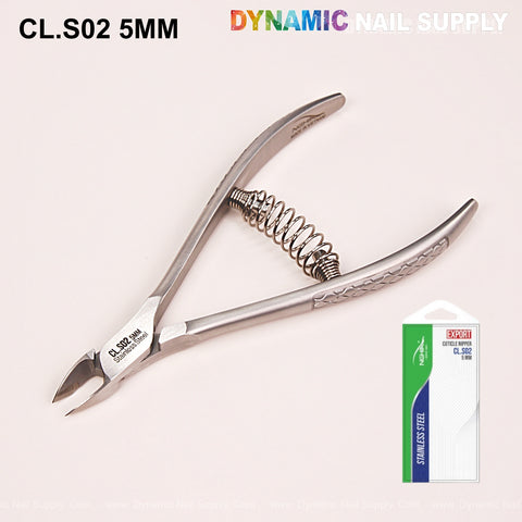 CL.S02 5MM stainless steel cuticle nipper with spiral springs shown in green-white packaging on a light background.