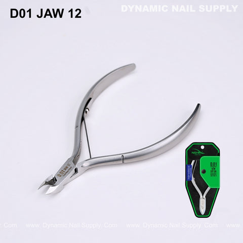 D01 - Jaw 12 stainless steel cuticle nippers for pros, optimized blade for dead-skin; packaging bottom right.