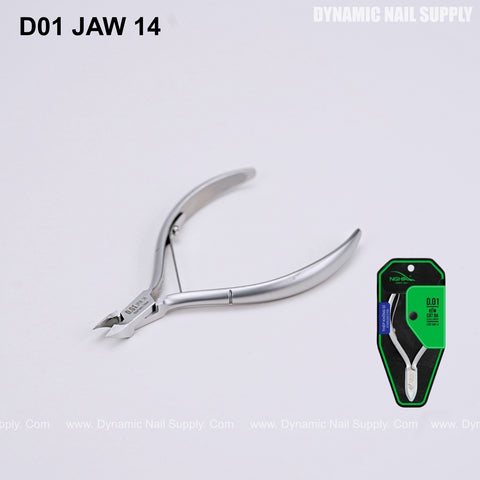 D01 JAW 14 stainless steel cuticle nippers with curved handles are shown next to their professional packaging.