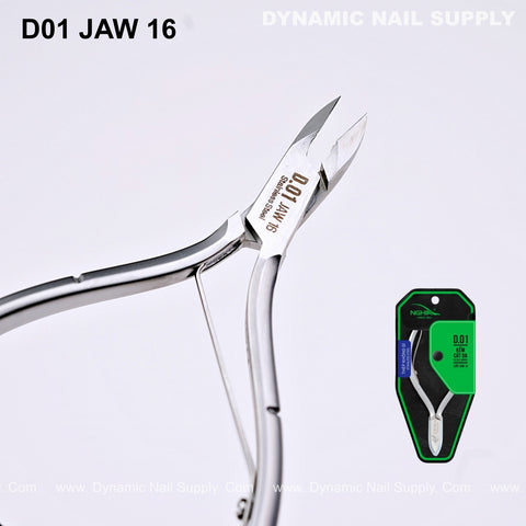 D01 - Jaw 16 stainless steel cuticle nippers with precision full jaw trimmer blade, shown packaged on green card.