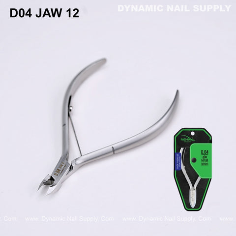 D04 Jaw 12 ultra sharp stainless steel cuticle nippers with green & black packaging, shown on white background.