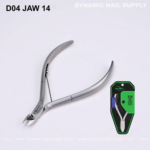 D04 Jaw 14 Cuticle Nippers, ultra-sharp stainless steel, shown next to green/black Dynamic Nail Supply packaging.