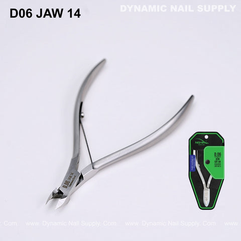 D06 - Jaw 14 Precision Cuticle Trimmer Nippers, heavy-duty for fingernails & toenails, in green-black packaging.