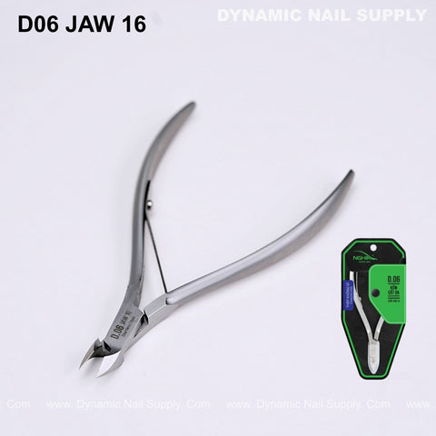 D06 Jaw 16 Professional Nail Nippers—full jaw, sharp cuticle cutter for salon or home use, shown with packaging.