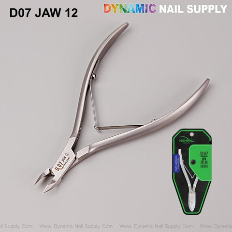 D07-Jaw 12 Cuticle Nippers for Nails shown with packaging at lower right—super fine jaw, smooth spring action.