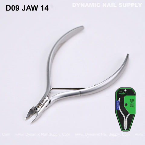 D09 Jaw 14 Cuticle Clippers with Grip Control; sharp jaw for clean cuticle removal; green-black case, curved handles.