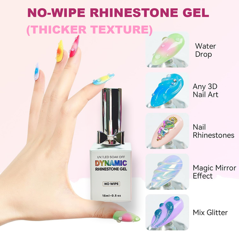 Thick 3D No-Wipe Rhinestone glue Gel in Bottle (+ Liner Brush) for Nail art Design & Chrome application
