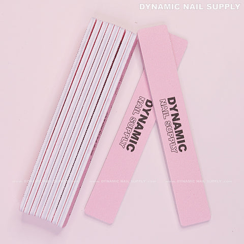 A pack of 10 pink Square Nail Files 80/80 grit from DYNAMIC NAIL SUPPLY on a pale pink background.
