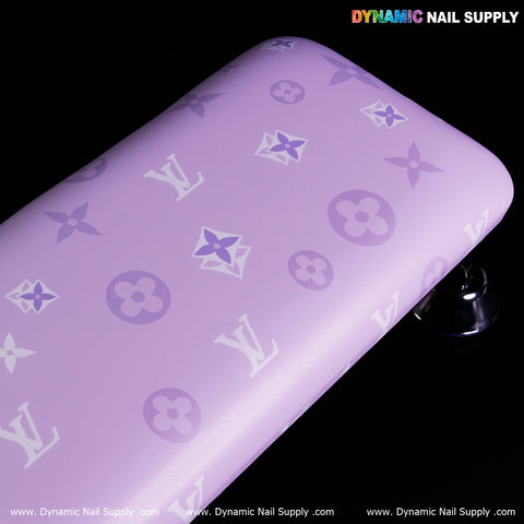 R-004 Design Armrest: Lavender microfiber leather with white/purple Louis Vuitton-inspired patterns for manicures.