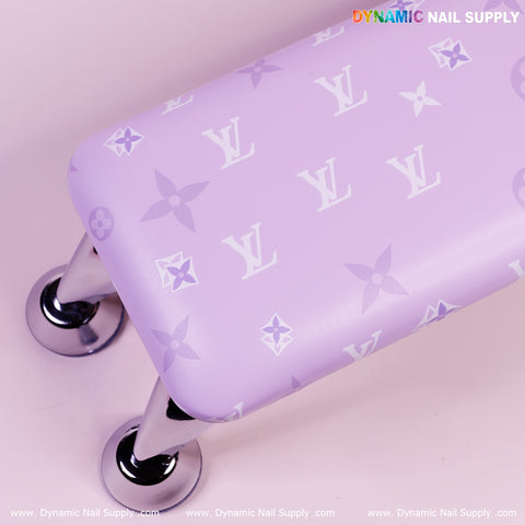The R-004 Design Armrest features lavender microfiber leather with white LV-inspired patterns and chrome legs.
